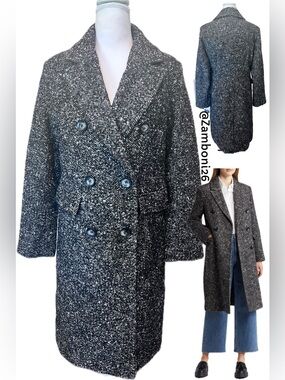 NWT Sam Edelman Reefer Double Breasted Herringbone Tweed Coat Wool Blend Sz 4